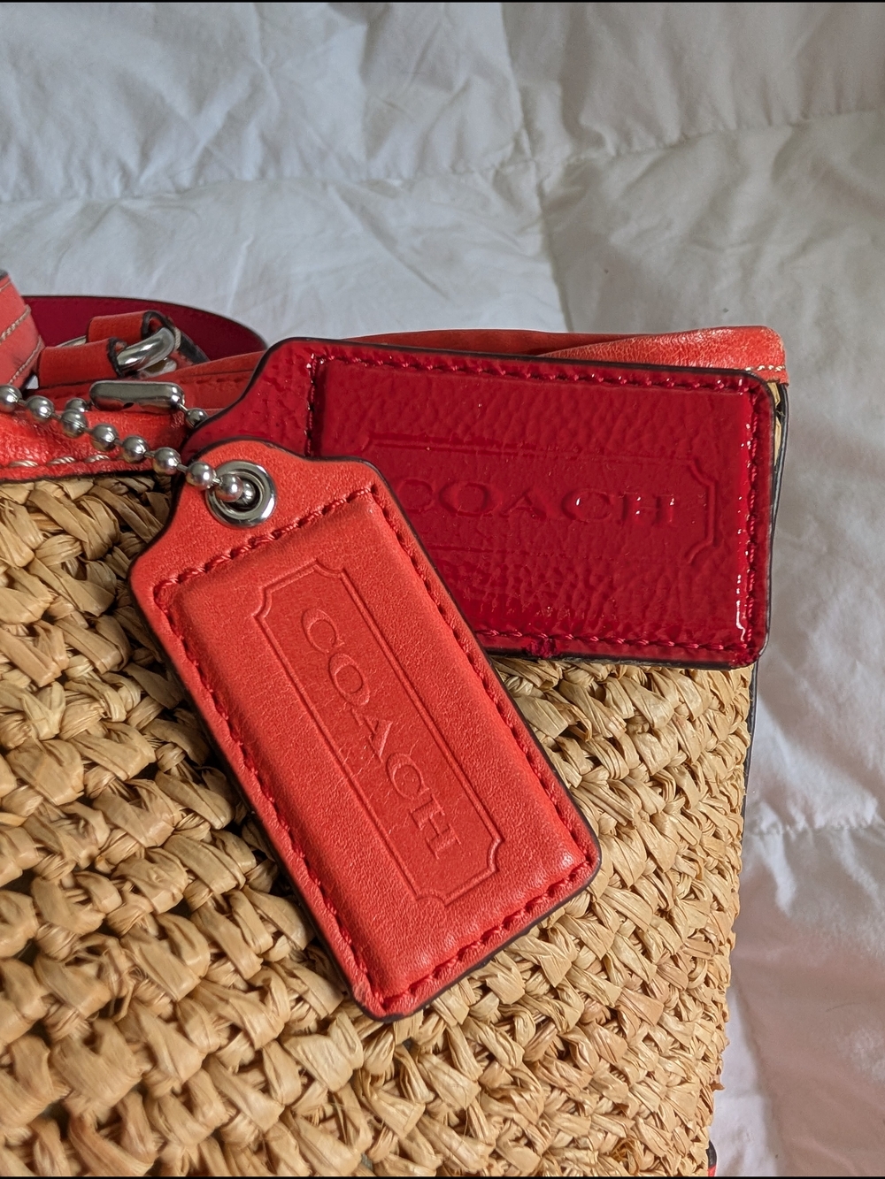 Coach Legacy Raffia Tote with Coral Leather Trim and Matching Wristlet - Picture 4 of 13